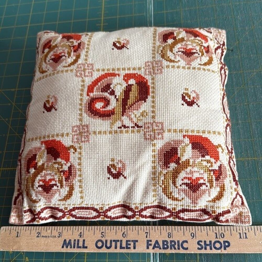 Orange and Brown Fall Decor Cross-Stitch 11 in Throw Pillow Cottagecore Homemade